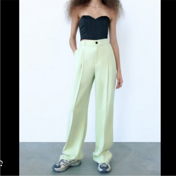 ZARA Celery Green High Waist Full Length wide legs TROUSERS Size Medium - Picture 3 of 8